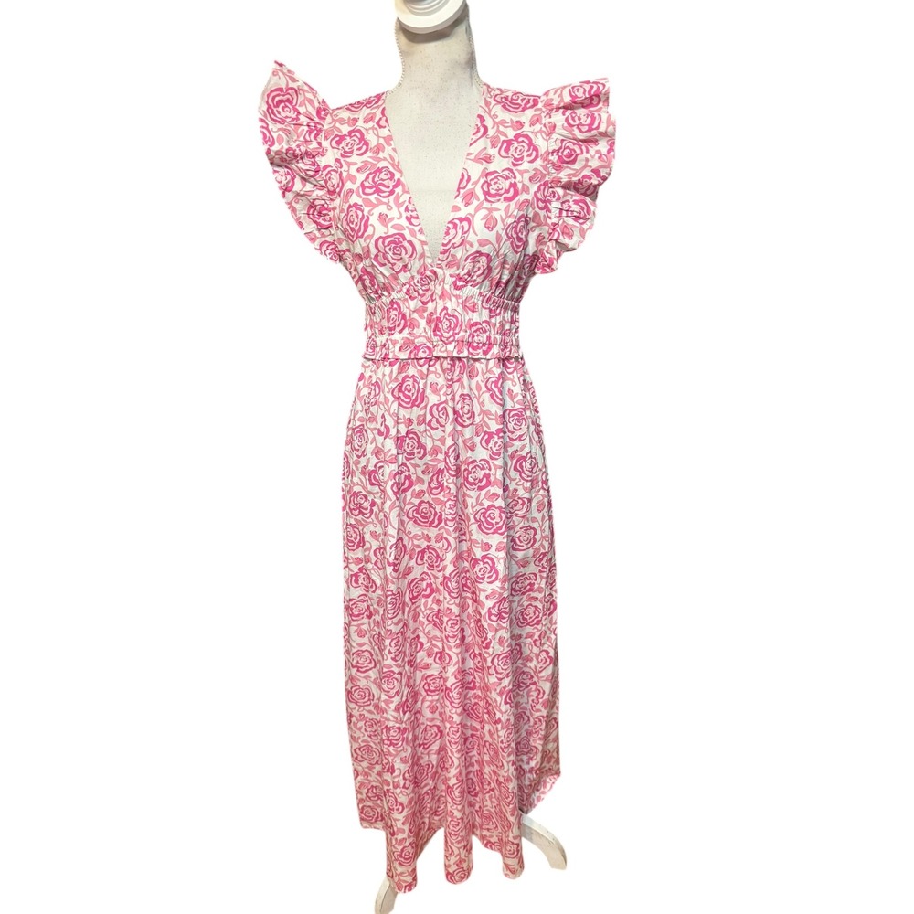 Sail to Sable‎ Pink Rose Floral Maxi Dress Ruffle Sleeve Smocked Waist Small